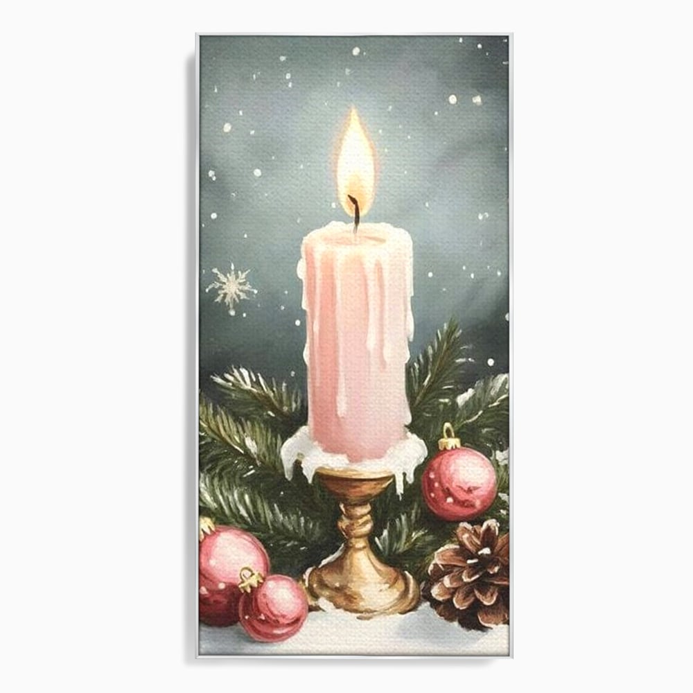 Tablou canvas cu tablou canvas cu lumanare roz si globuri, in rama de aluminiu argintiu